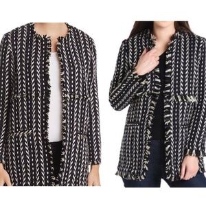 CUPCAKES & CASHMERE Bev Jacket. Navy, black and cream woven fringe jacket M.